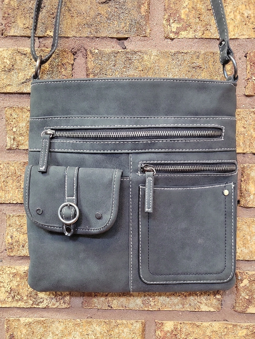 Gray Faux Leather Multi Pocket Crossbody Bag Y2K Utility Organizer Purse - Picture 3 of 11